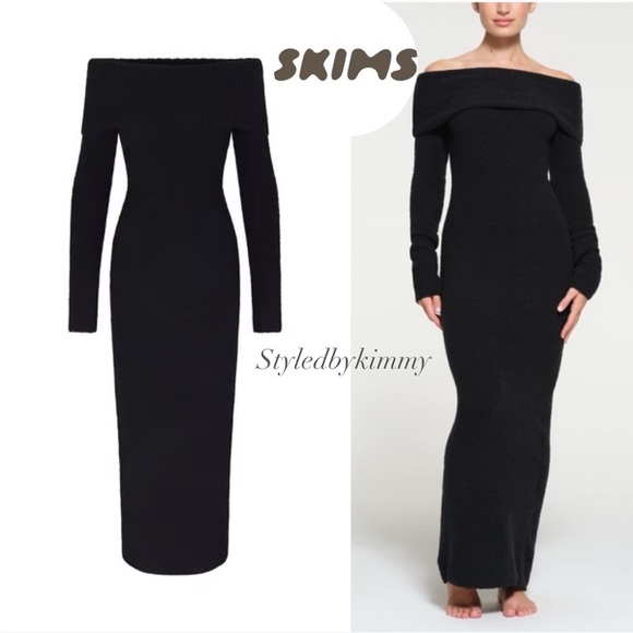 SKIMS Cozy Knit Off The Shoulder Dress - Onyx S SMALL NEW NWT - Picture 1 of 7